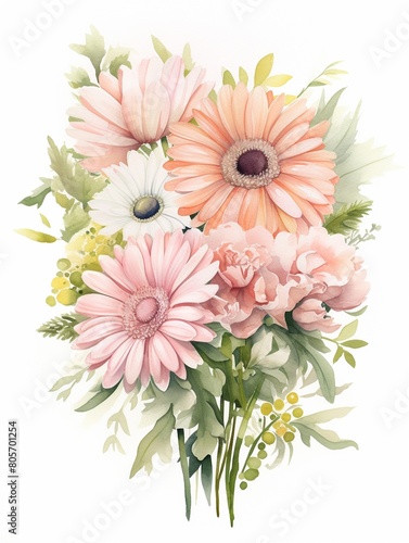 Watercolor Gerbera Daisies wedding bouquet  symbolizing cheerfulness and love  soft pastels on a white background for a serene effect    fresh and clean look