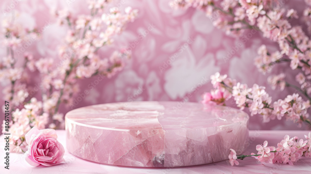 A pink stone with pink flowers in the background A pink stone with pink flowers in the background
