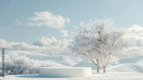 A white snow covered landscape with a tree in the foreground