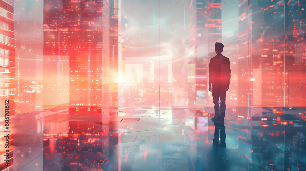 Futuristic Marketing: Man in Digitally Transformed Office, Illustrating Digital Approach in Marketing Domain Futuristic Marketing: Man in Digitally Transformed Office, Illustrating Digital Approach in Marketing Domain