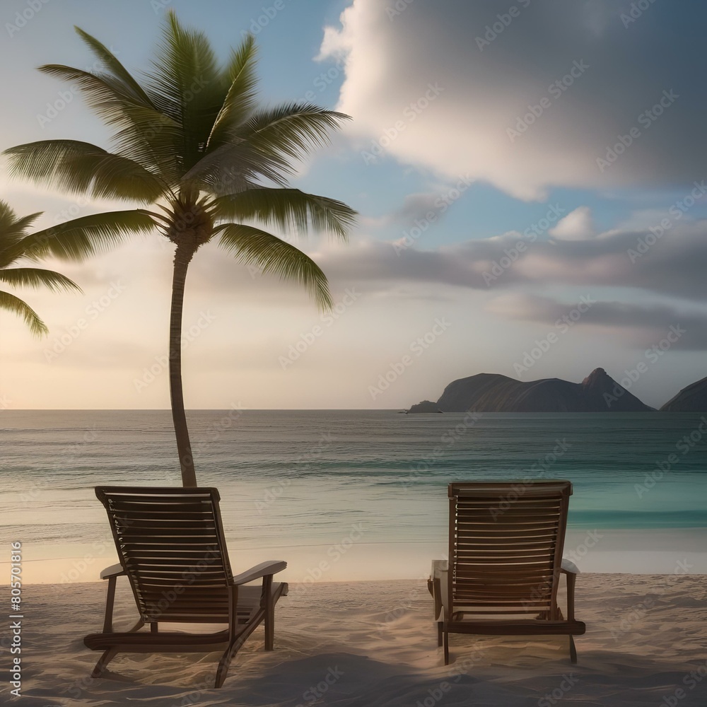A tranquil beach scene with palm trees and a beach chair3