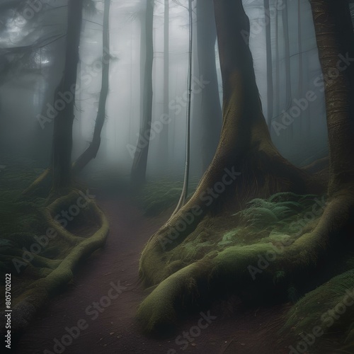 A mystical foggy forest with twisted trees3