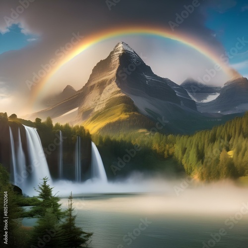 A majestic mountain range shrouded in mist with a rainbow in the sky, a waterfall, and a lake4 photo
