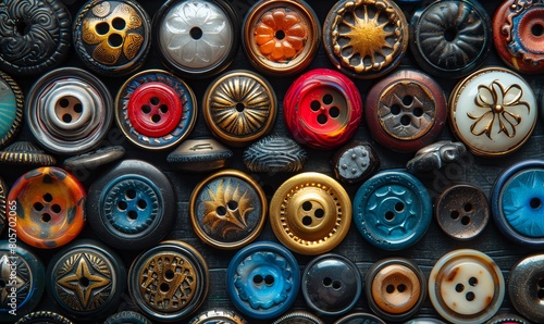 Closeup of a vintage button collection, varied designs, detailed textures,