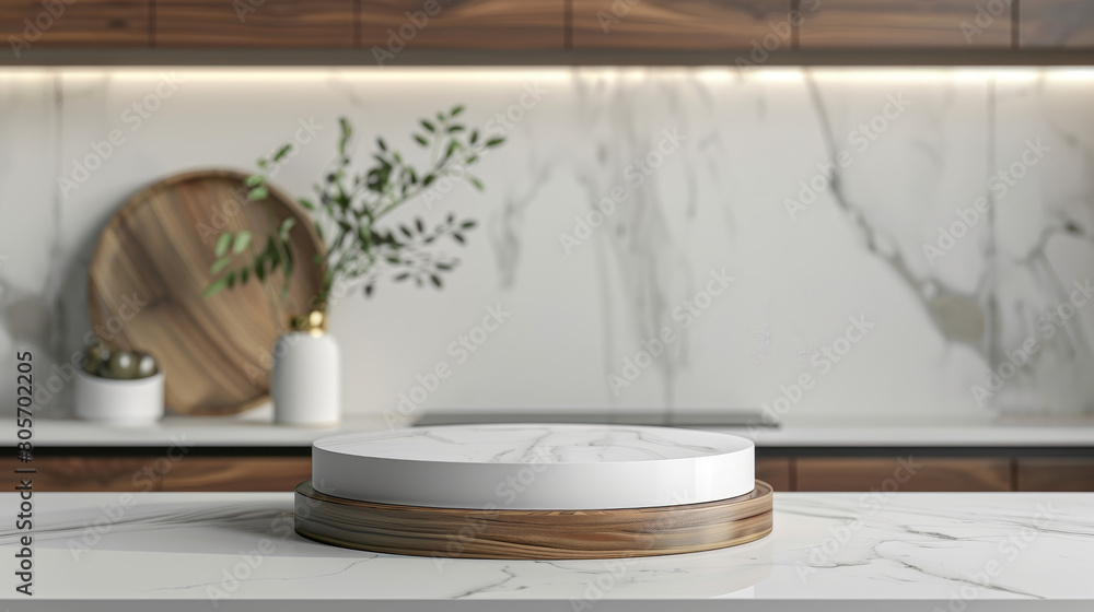 A white marble countertop with a wooden tray on top of it A white marble countertop with a wooden tray on top of it