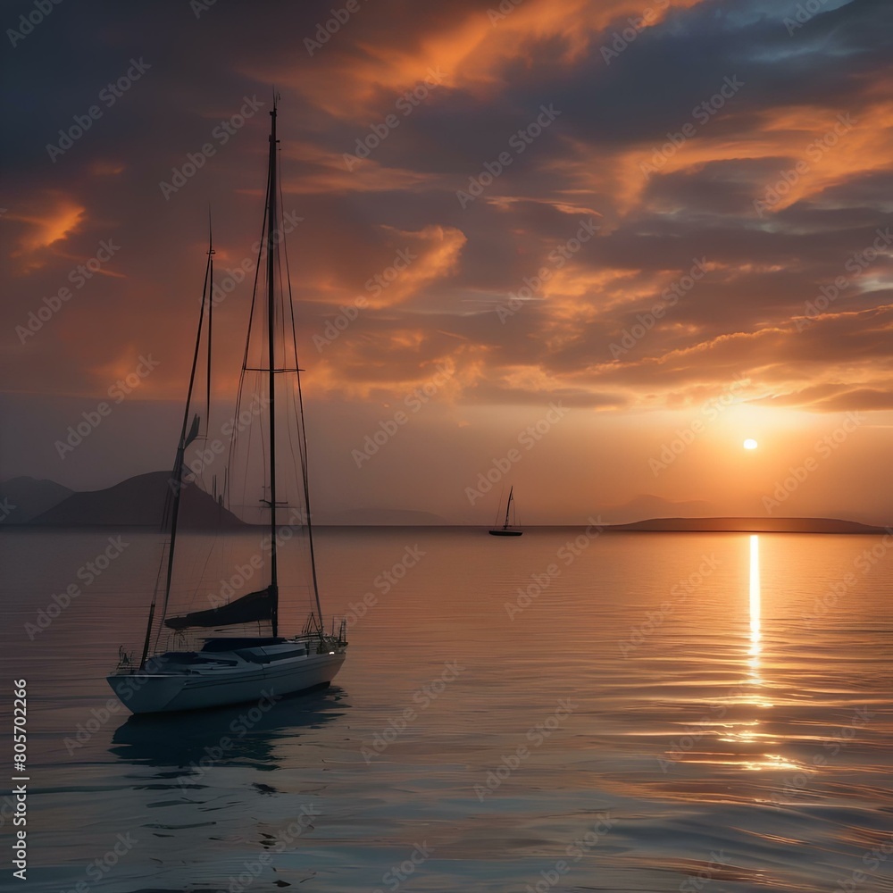 A dramatic sunset over a calm ocean with sailboats1