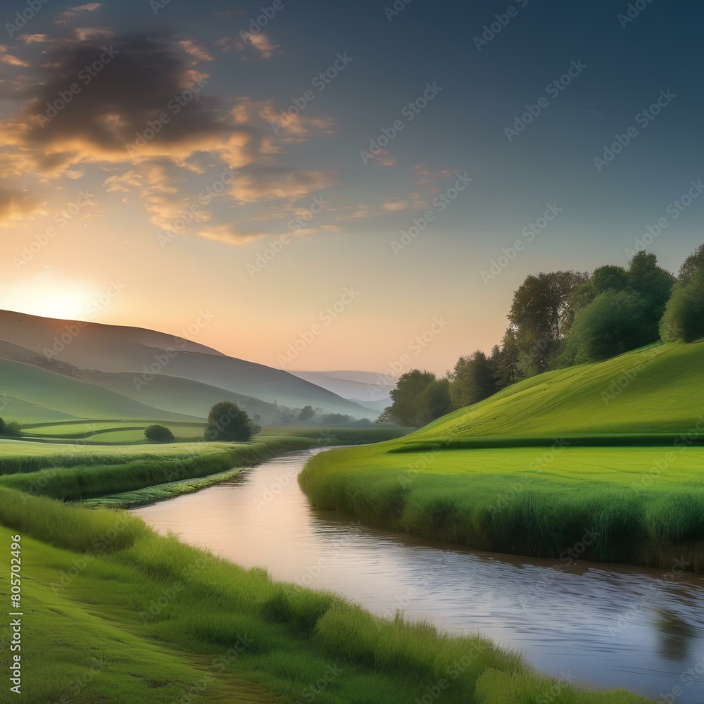 A peaceful countryside scene with rolling hills and a winding river1 A peaceful countryside scene with rolling hills and a winding river1