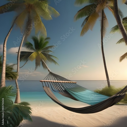 A tranquil beach scene with palm trees and a hammock5