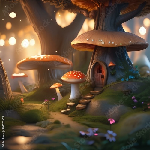 A whimsical fairy tale forest with glowing mushrooms  fireflies  a unicorn  and a hidden fairy village3
