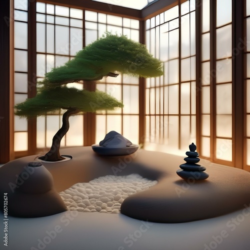 A peaceful Zen garden with raked sand, rocks, bonsai trees, and a meditation bench4