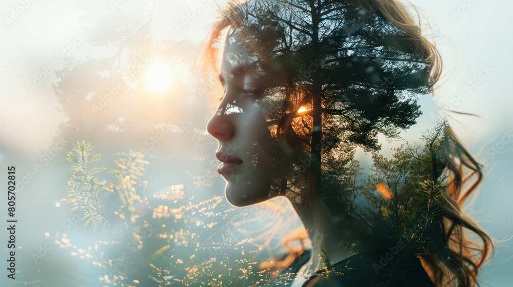 Nature's Reflection: Creative Double Exposure Portrait of Attractive Woman with Forest Environment and Conservation Concept