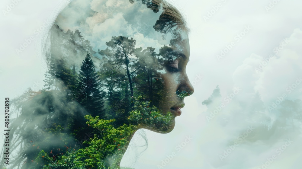 Nature's Reflection: Creative Double Exposure Portrait of Attractive Woman with Forest Environment and Conservation Concept Nature's Reflection: Creative Double Exposure Portrait of Attractive Woman with Forest Environment and Conservation Concept