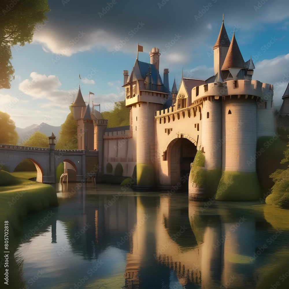 A whimsical fairy tale castle surrounded by a moat with a drawbridge1