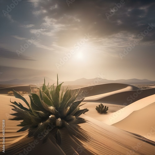 A surreal desert landscape with cactus, sand dunes, and a setting sun1 photo