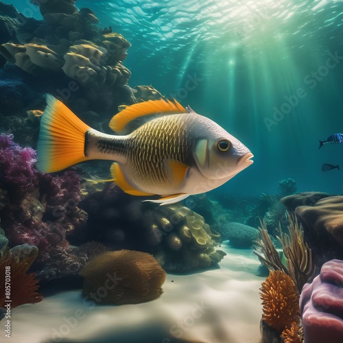 A surreal underwater scene with fish swimming among coral reefs3