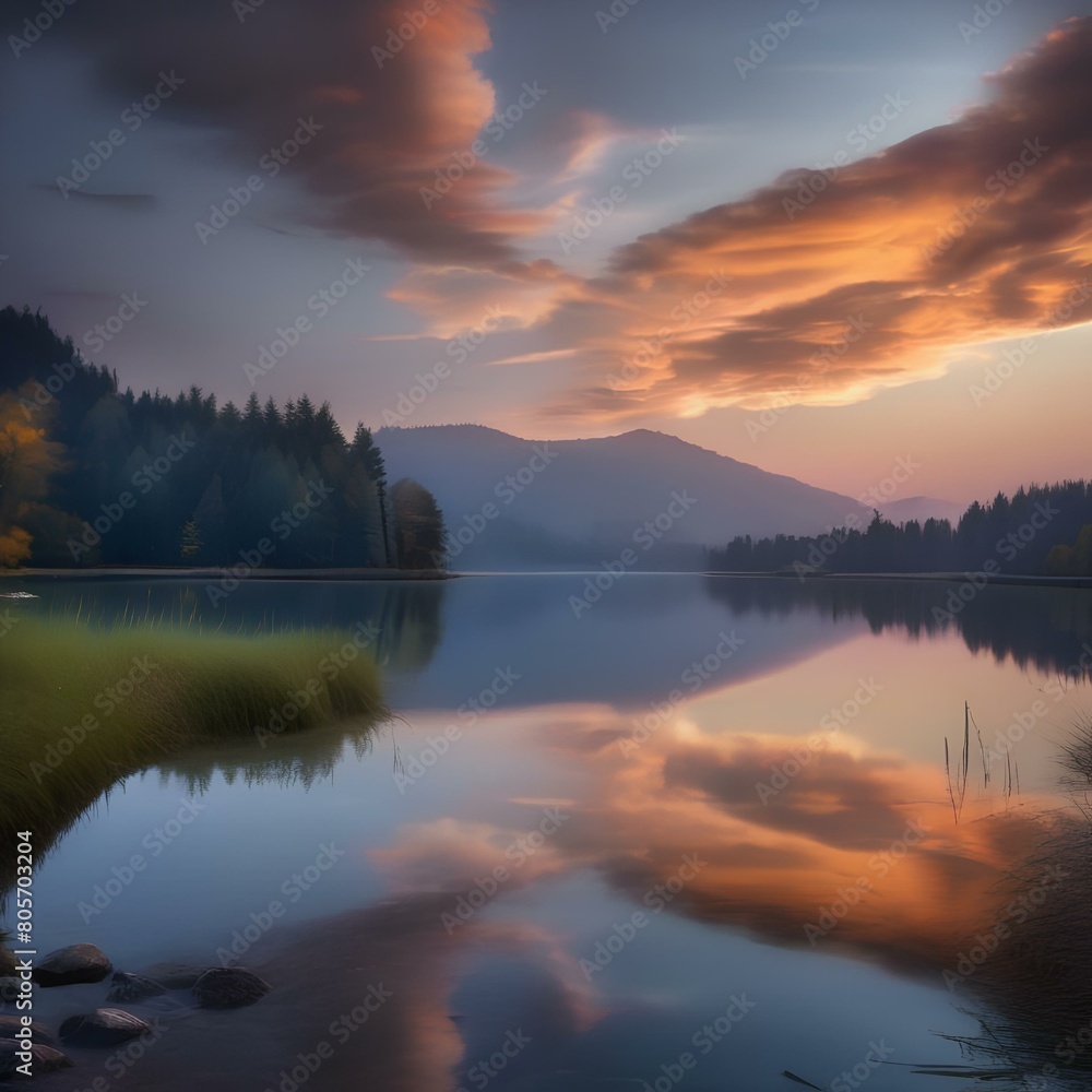 A serene lake reflecting the colors of the sunset1 A serene lake reflecting the colors of the sunset1