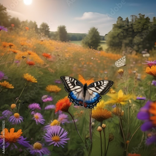 A vibrant field of wildflowers with butterflies fluttering around4