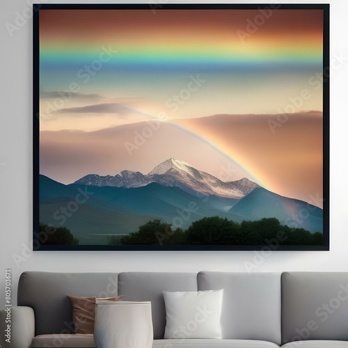 A majestic mountain range shrouded in mist with a rainbow in the sky1 photo