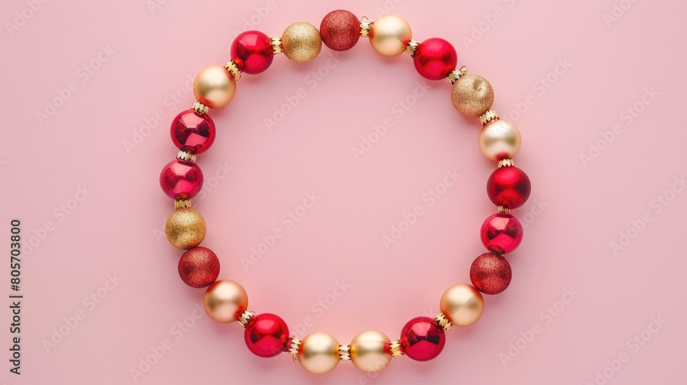 Gold and red Christmas baubles create a festive frame on pastel pink. Ai Generated Gold and red Christmas baubles create a festive frame on pastel pink. Ai Generated
