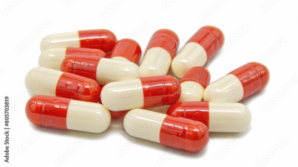 Red and white antibiotic capsules arranged on a white background. Ai Generated