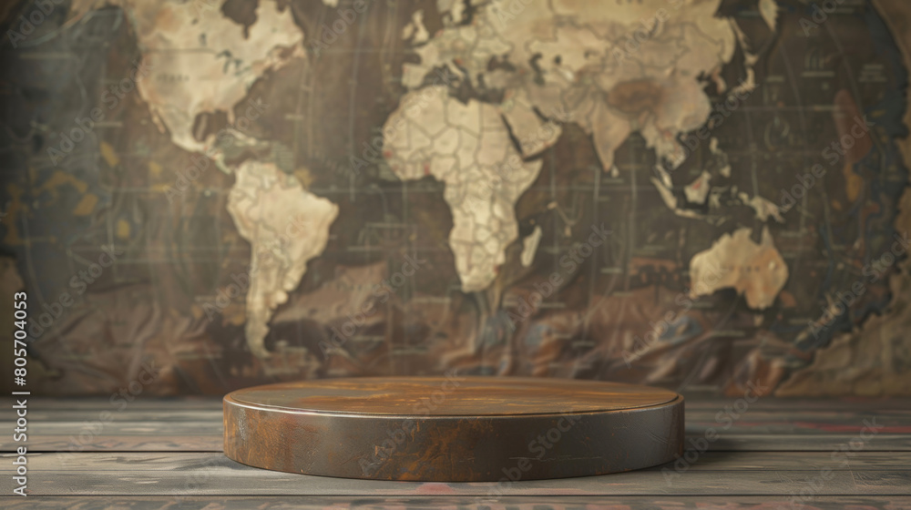 A wooden podium is placed in front of a map of the world A wooden podium is placed in front of a map of the world
