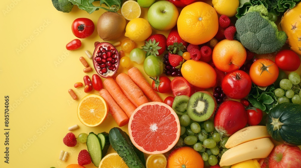 Colorful Fruits and Veggies with Health Supplements on Yellow Background - Concept of Nutrition Colorful Fruits and Veggies with Health Supplements on Yellow Background - Concept of Nutrition