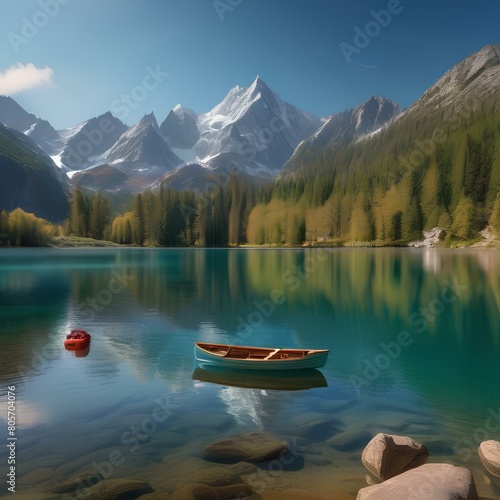 A serene mountain lake reflecting the surrounding peaks, a clear blue sky, a rowboat, and a couple enjoying a picnic on the shore3
