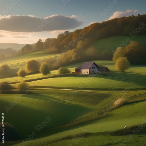 A tranquil countryside scene with rolling hills, a farmhouse, grazing cows, and a barn3 photo