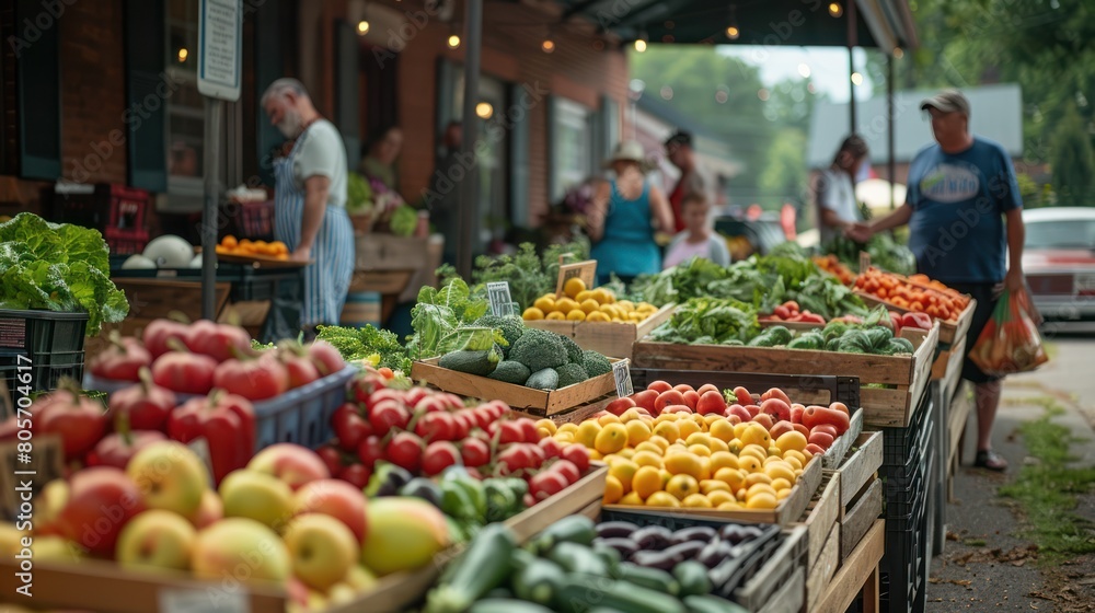 Local Commerce and Community: A Bustling Farmers Market Scene with Fresh Produce on Display