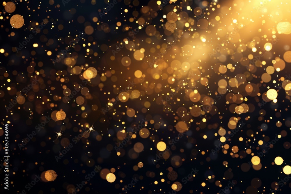 A background of golden particles floating in the air, with gold glitter and glowing lights on a black background A background of golden particles floating in the air, with gold glitter and glowing lights on a black background