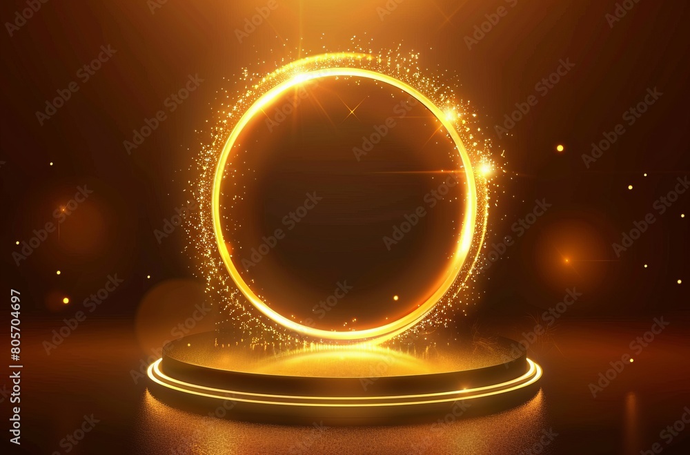 3D golden podium with light effects on a dark background. A golden circular frame for product presentation or an award ceremony scene
