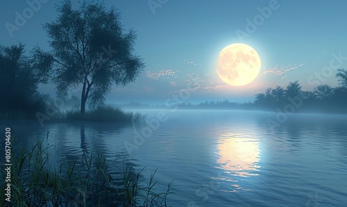 Full moon illuminating a quiet lake, tranquil, reflective water,