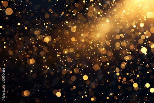 A background of golden particles floating in the air  with gold glitter and glowing lights on a black background