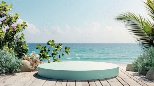 A round green object is on a wooden platform by the ocean
