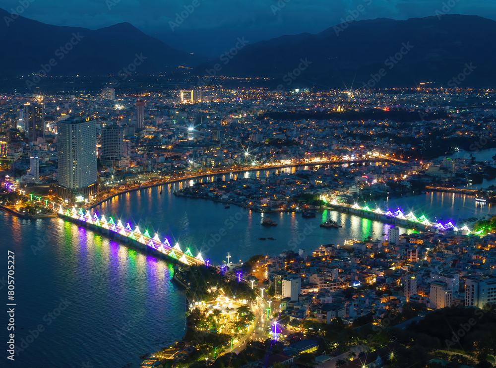 Nha Trang coastal city at night, with the famous and beautiful beaches and bays in Vietnam