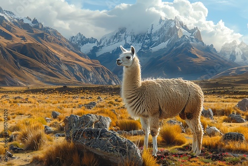 Llama grazing peacefully in a vibrant Andean mountain landscape  soft morning light 