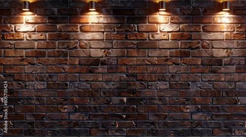 Experience the warm glow of top-illuminated brown brick wall in wide format, Ai Generated.