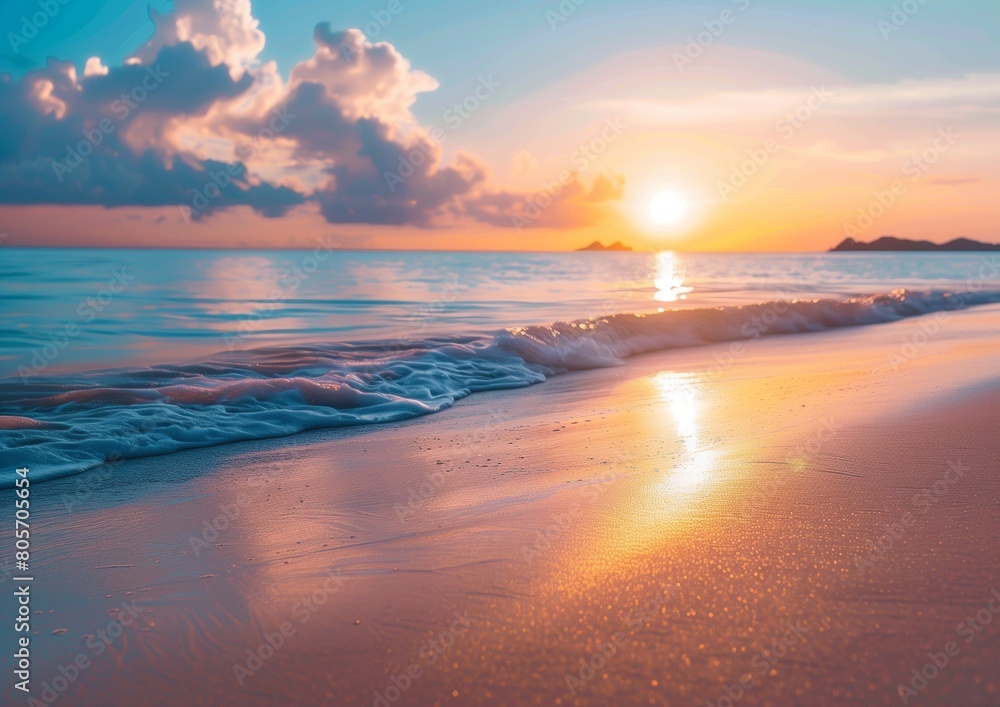 Serene Sunset Seascape with Gentle Waves on Sandy Beach