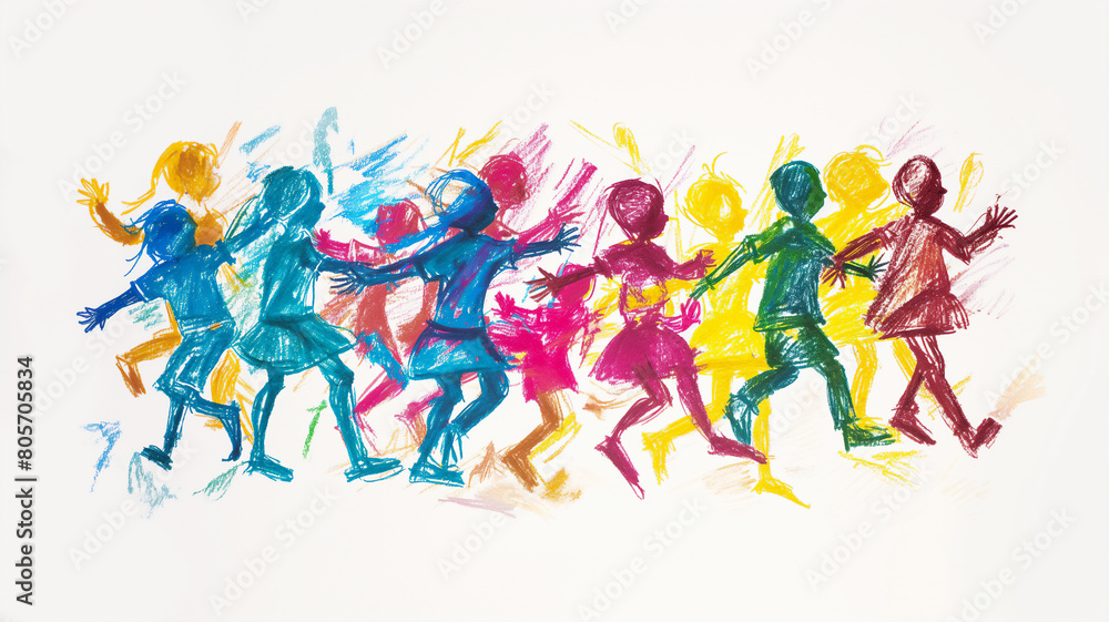 Vivid illustration of children dancing joyfully, rendered in a burst of colorful, energetic crayon strokes against a white background.
