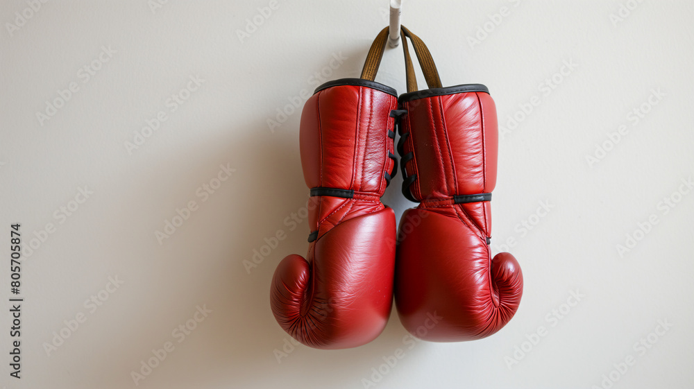A pair of red boxing gloves hangs on a white wall, symbolizing readiness and strength in sports.