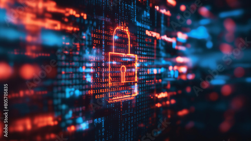 A vibrant image featuring a glowing red digital padlock icon overlaid on a blurred background of blue binary code.
