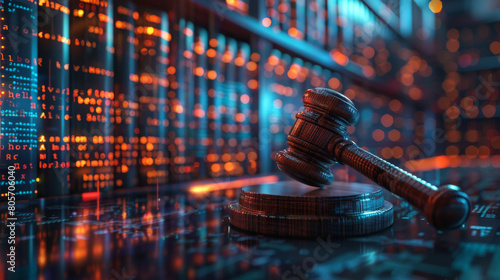 Digital illustration of a wooden judge's gavel on a reflective surface with glowing lines of code in the background, symbolizing law and technology.