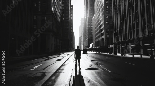 A shadowy figure standing alone on a deserted street, surrounded by towering skyscrapers photo