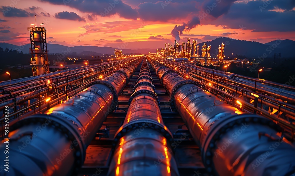 Oil refinery at dusk, pipes and tanks silhouetted against the setting sun, industrial, Oil refinery at dusk, pipes and tanks silhouetted against the setting sun, industrial,