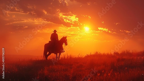 Desert Sunset Silhouette: Lone Cowboy and Trusty Steed © hisilly