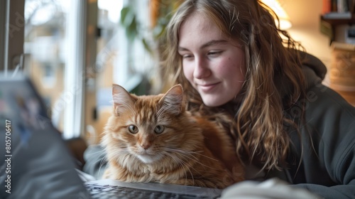 Remote Learning with a Feline Friend: Female Student Studying at Home