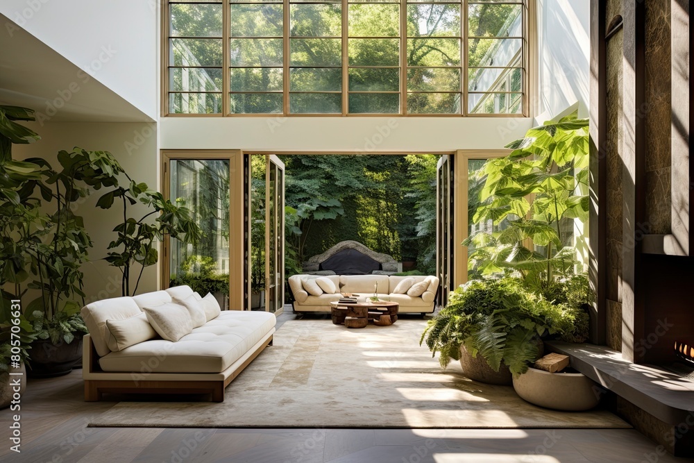 Fototapeta premium Airy Spacious Living Area with High Ceilings and Fireplace and White Couches