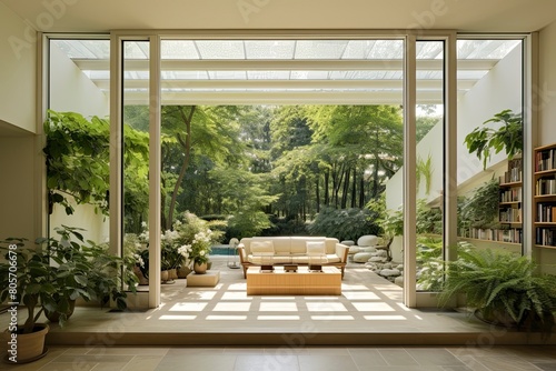 Peaceful Reading Nook by Large Window with Garden View and Skylights © Bryan