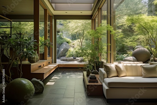 Calm Ambiance in Luxurious Home Lounge with Indoor Garden and Large Boulders