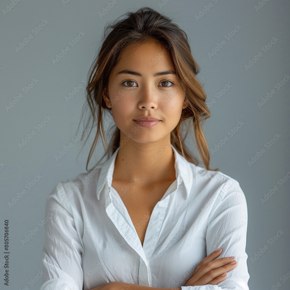 Serene Asian Beauty in White Blouse with a Confident Smile Serene Asian Beauty in White Blouse with a Confident Smile